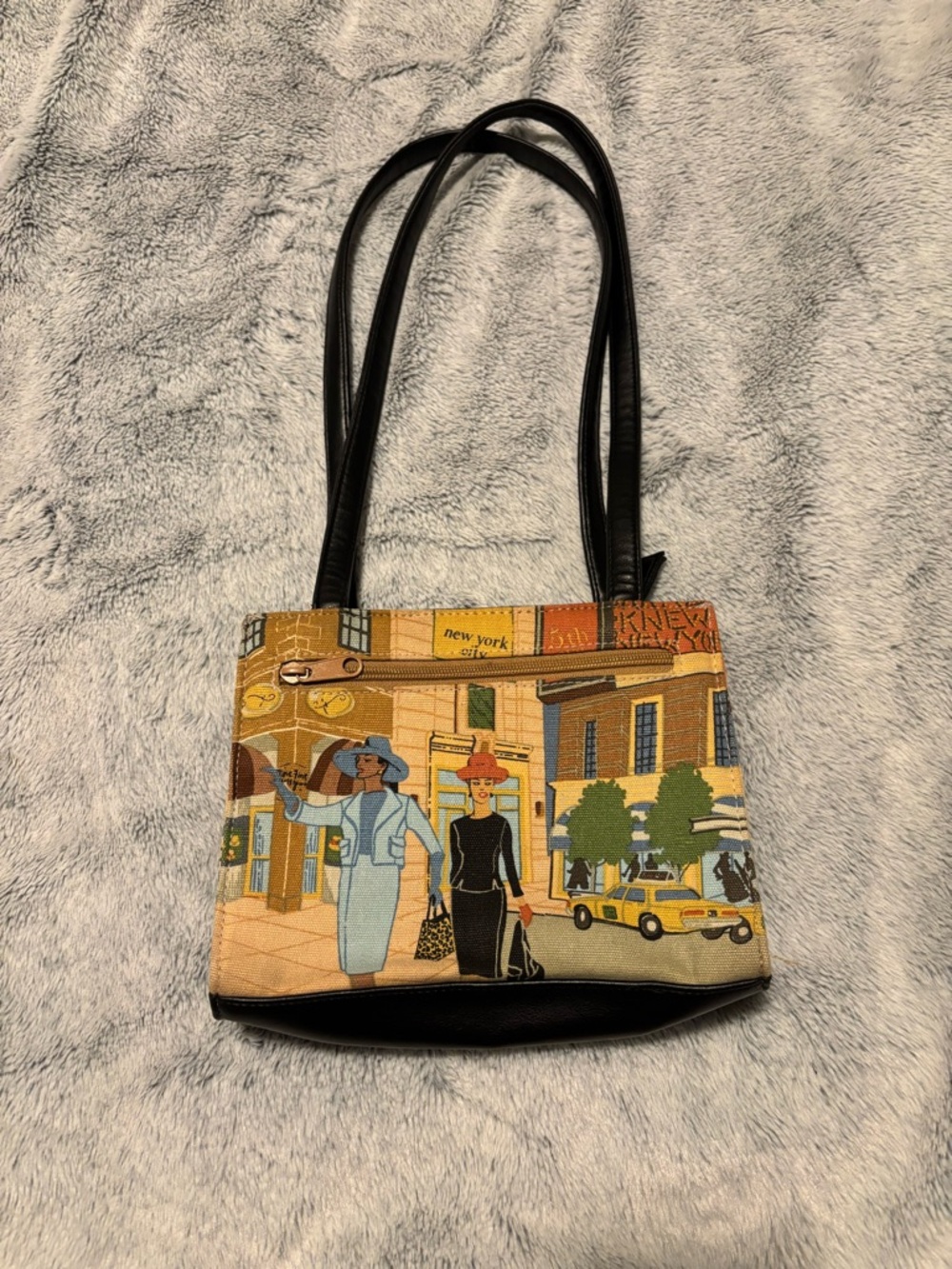 Embroidered City-Scene Shoulder Bag in Beige and Black - Picture 2 of 11